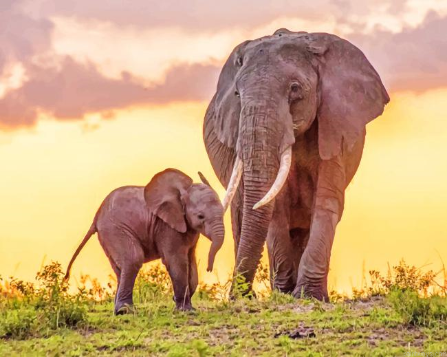 A Elephant Mom And Baby Africa Pink New Painting By Numberss.png