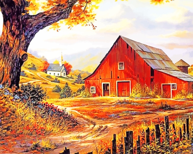 Autumn Barn Nature Painting By Numberss.png