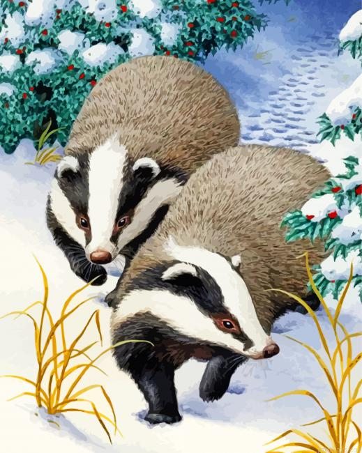 Badgers Animals In Snow Painting By Numbers.png