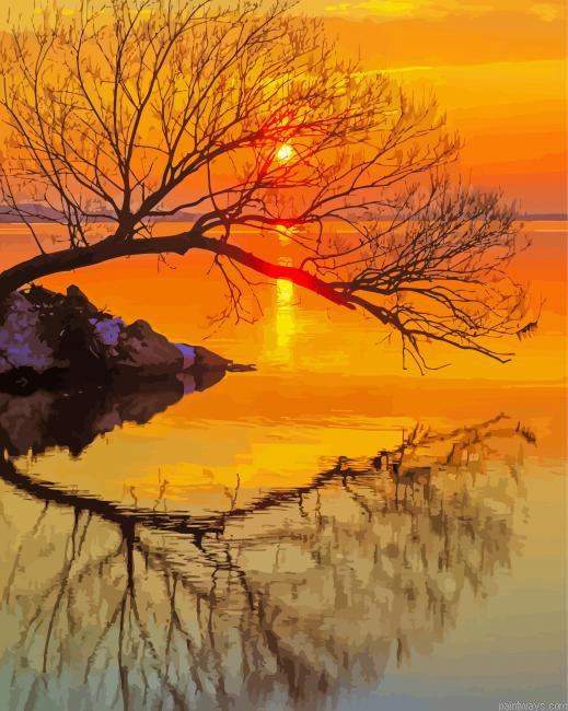 Beautiful Tree By Water At Sunset Painting By Numberss.png