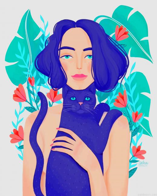 Black Cat With Lady Illustration New Painting By Numberss.png