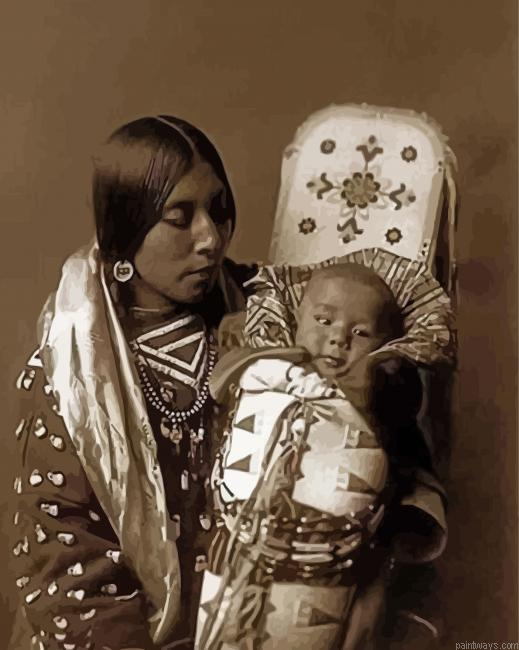 Black And White Native American Mom And Baby Painting By Numberss.png