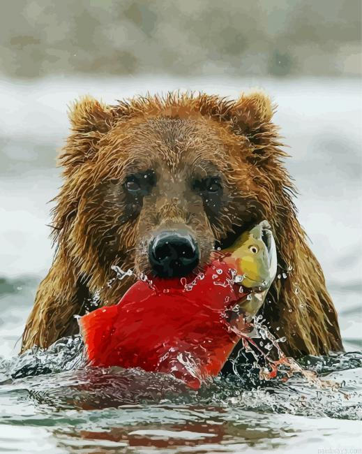Brown Bear Catching Fish Painting By Numberss.png