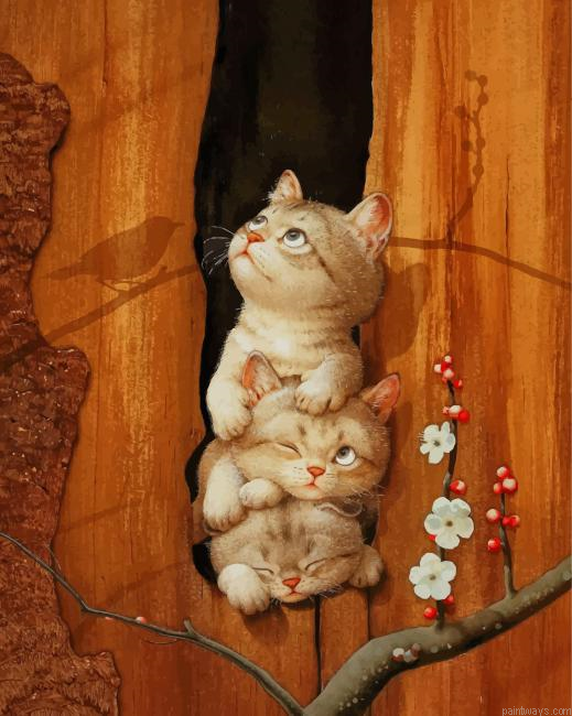 Cat Family Inside The Tree Animals Painting By Numberss.png