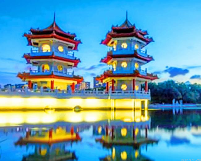 Chinese Building Reflection New Painting By Numberss.png