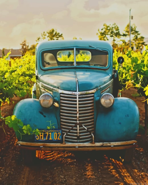 Classic Blue Vehicle Between Vineyard Cars Painting By Numberss.png