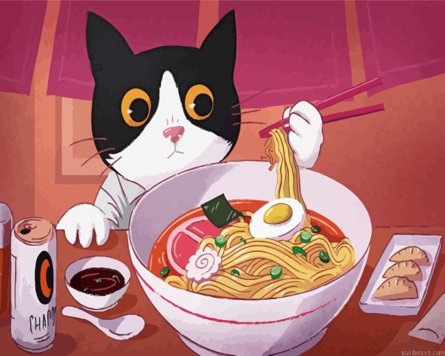Cute Cat Eating Noodles Painting By Numbers.png