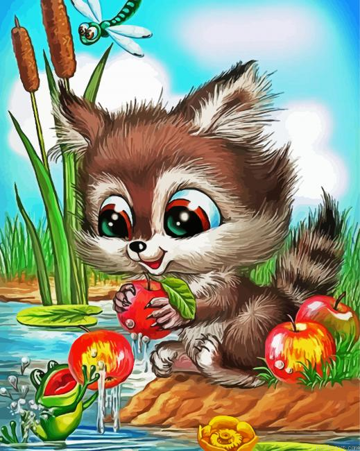 Cute Raccoon Cartoon Painting By Numberss.png