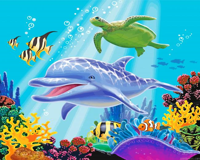 Dolphin And Turtle Under Sea Painting By Numbers.png