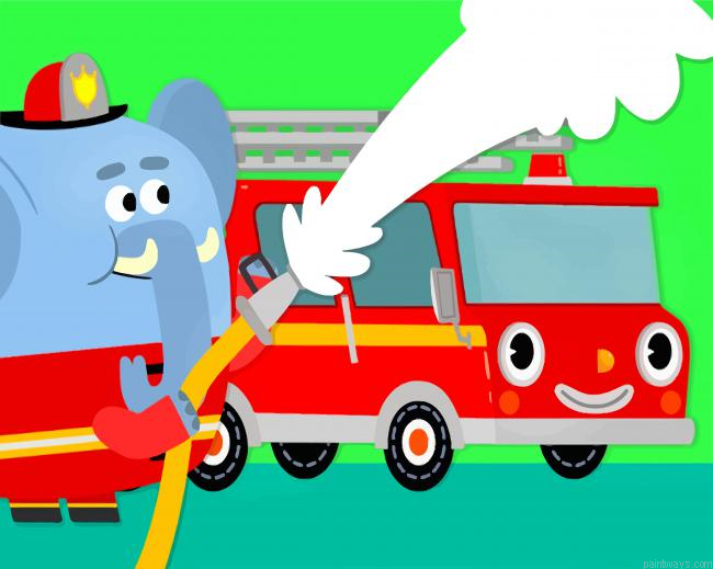 Elephant Firefighter And Firetruck Painting By Numberss.png