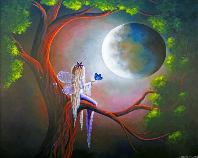 Fantasy Fairy On Tree Painting By Numbers.png