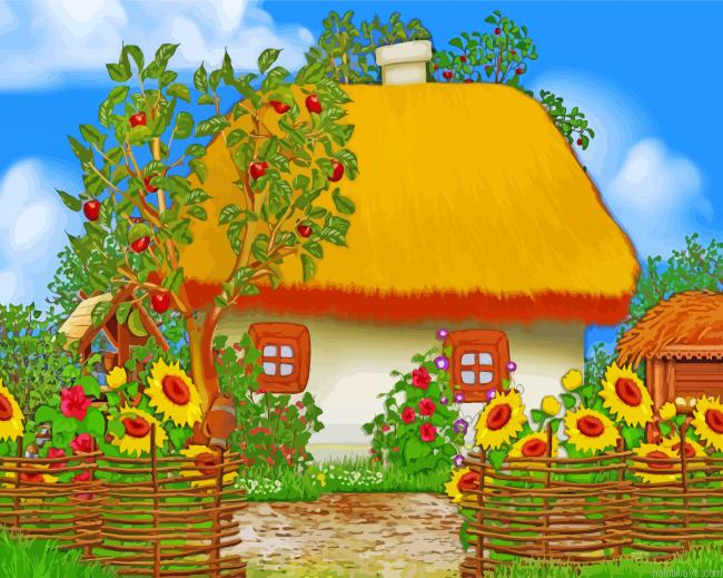 House And Sunflowers Painting By Numberss.png