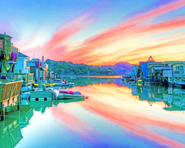 Houses And Sunset Reflection Lakes Painting By Numberss.png