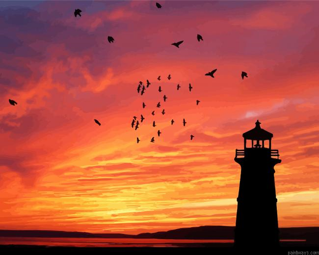 Lighthouse Silhouette At Sunset Painting By Numberss.png
