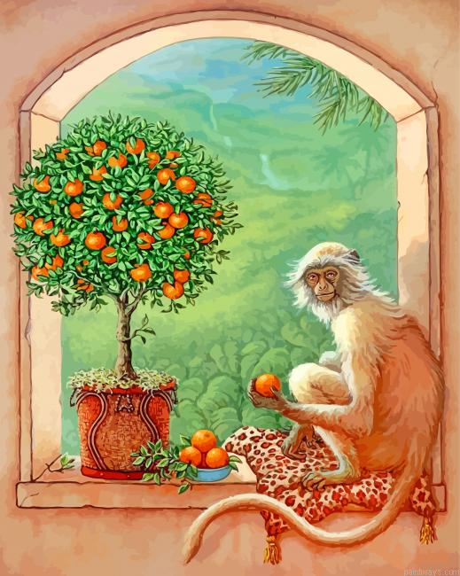 Monkey And Orange Tree Painting By Numbers.png