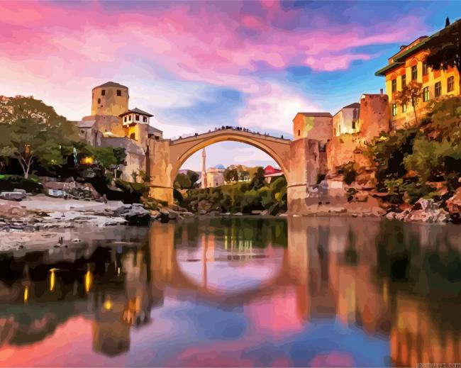 Mostar Old Bridge At Sunset Painting By Numberss.png