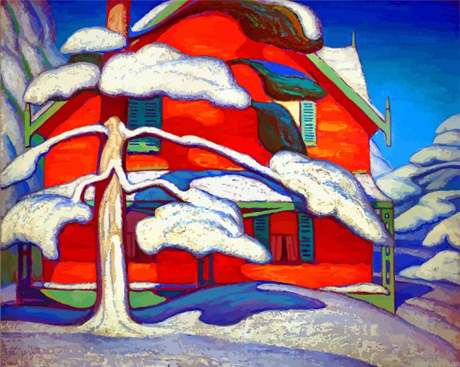 Pine Tree And Red House Painting By Numberss.png