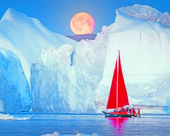 Red Sailboat In Iceberg Greenland Painting By Numberss.png
