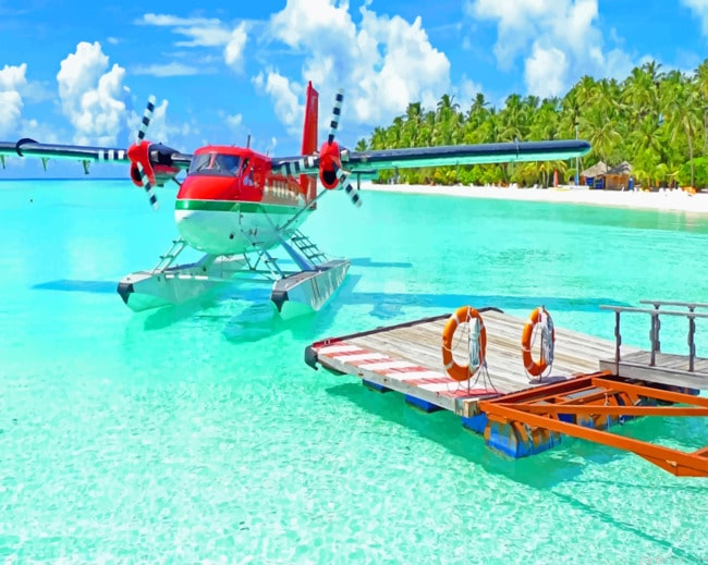 Red Seaplane In The Shore Aircraft Painting By Numberss.png