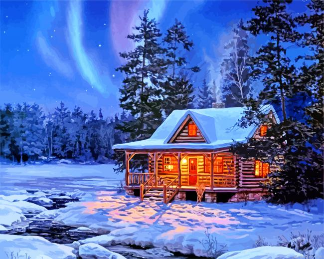 Snow Winter Cottage Painting By Numbers.png
