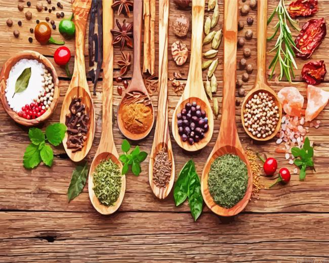 Spices And Herbs In Spoons Painting By Numberss.png