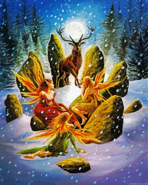 Stag And Elves In Snow Painting By Numberss.png