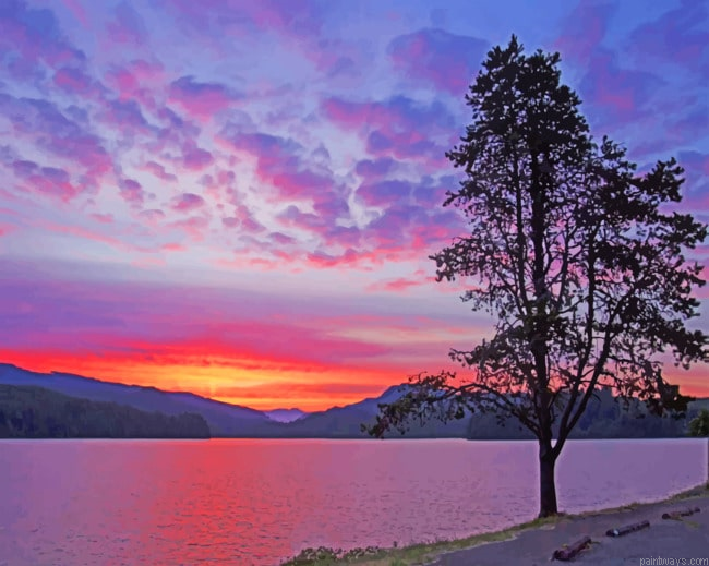 Sunset Tree Lake Landscapes Painting By Numberss.png