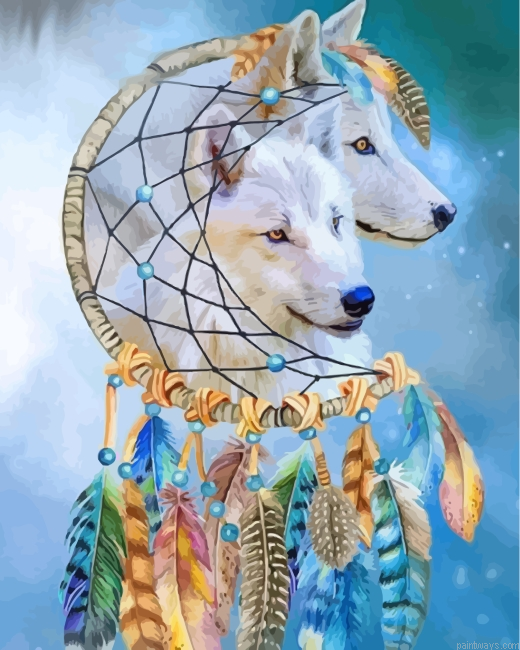 White Wolves With Dream Catcher Painting By Numbers.png