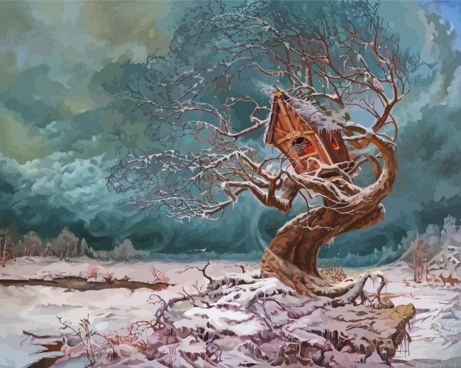 Winter Tree House Painting By Numberss.png