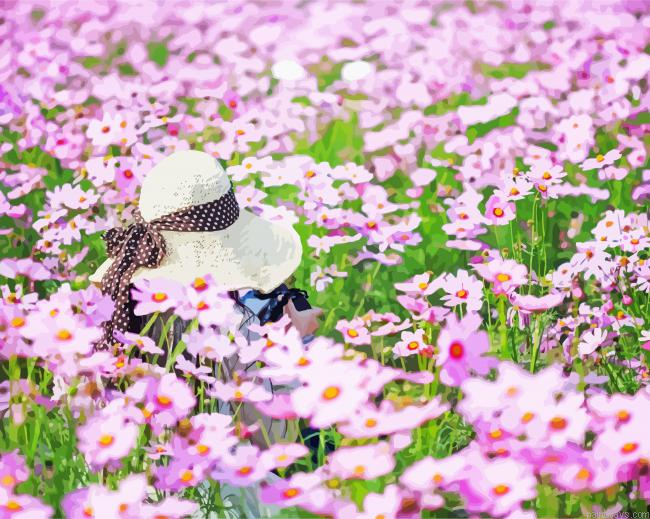 Woman In A Field Of Pink Flowers Painting By Numberss.png